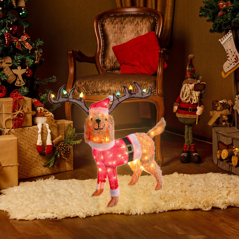 The Holiday Aisle Outdoor Dog Christmas Decorations 24 Inch Outdoor Lighted Holiday Dog Hug Gift Box Decor With 50 Warm Bright Lights Indoor Outside Decoration For Front Porch Lawn Yard Home Garden